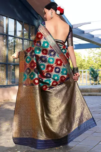 Blue woven design ethnic motifs printed zari organza saree