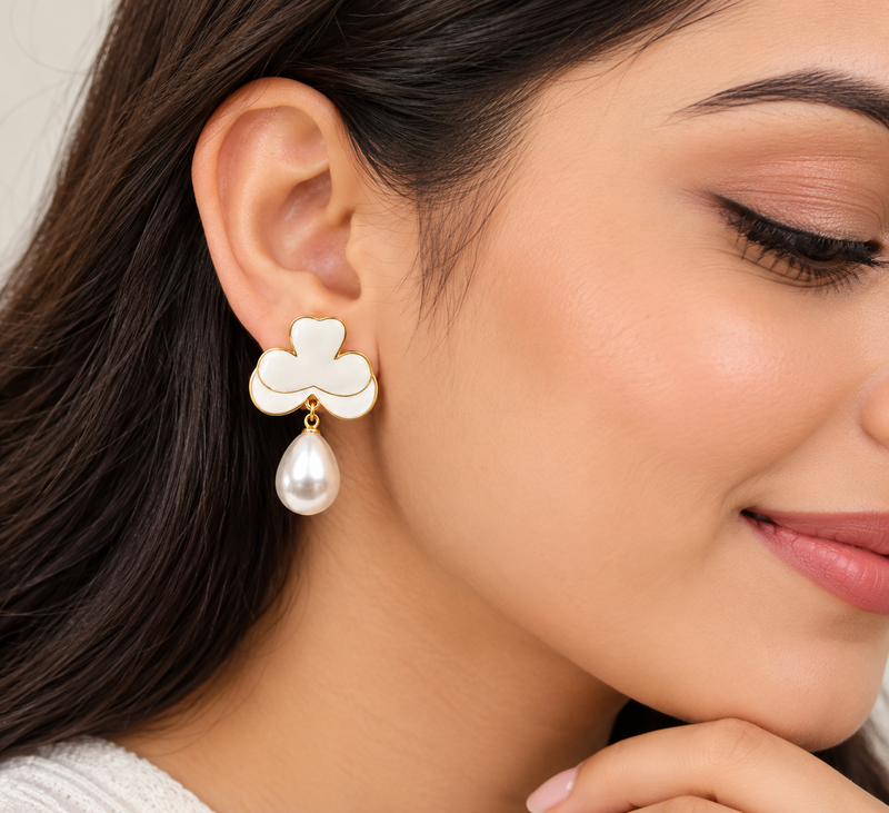 Anti-tarnish, gold-tone border, teardrop pearl, stud closure, festive wear