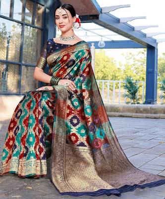 Blue woven design ethnic motifs printed zari organza saree 3