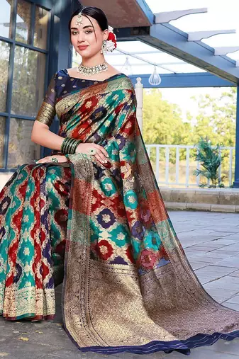 Blue woven design ethnic motifs printed zari organza saree