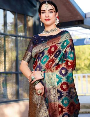 Blue woven design ethnic motifs printed zari organza saree 4