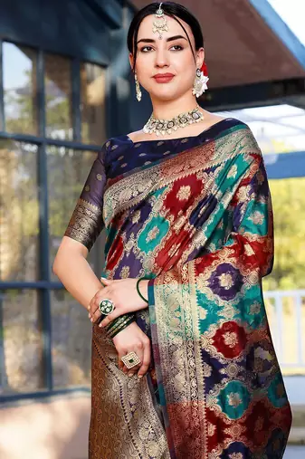 Blue woven design ethnic motifs printed zari organza saree