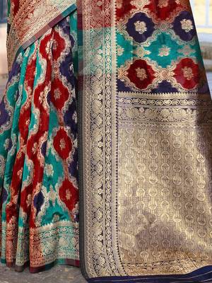 Blue woven design ethnic motifs printed zari organza saree 5