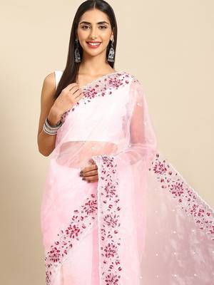 Pink floral embroidered organza saree 1