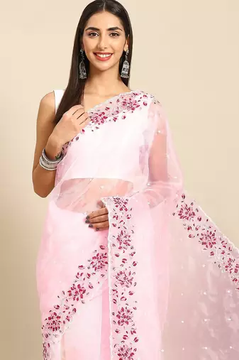 Pink floral embroidered organza saree