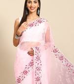 Pink floral embroidered organza saree