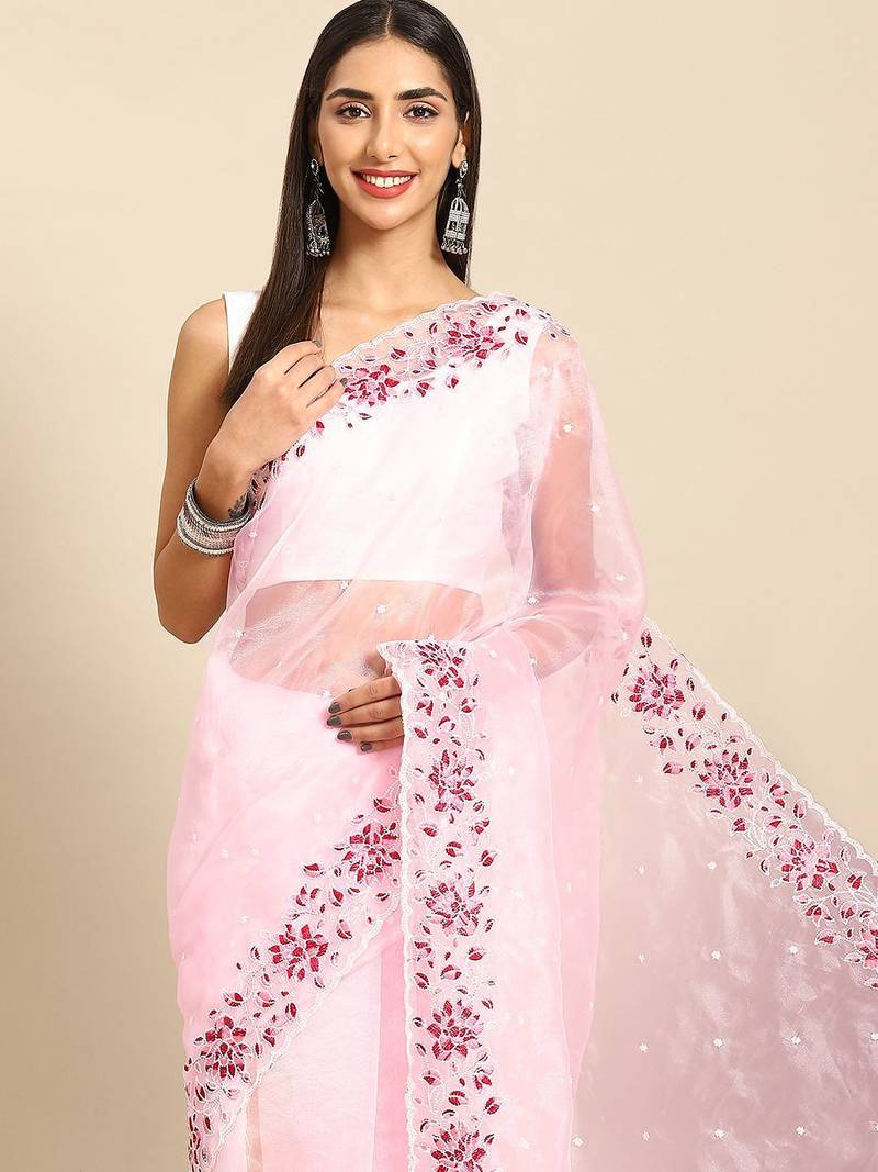 Pink floral embroidered organza saree