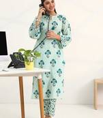 women printed regular cotton blend kurta with trousers
