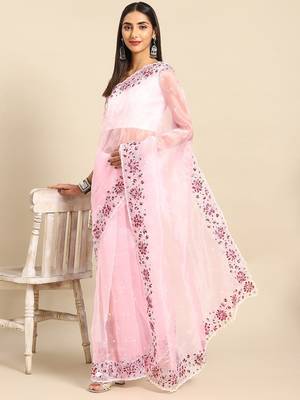 Pink floral embroidered organza saree 2