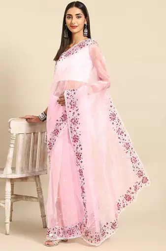 Pink floral embroidered organza saree