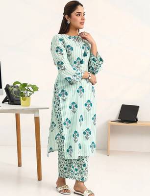 women printed regular cotton blend kurta with trousers 2