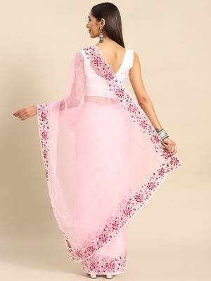 Pink floral embroidered organza saree 3