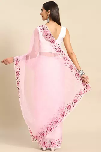 Pink floral embroidered organza saree