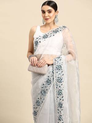Grey grey & white floral organza saree 1