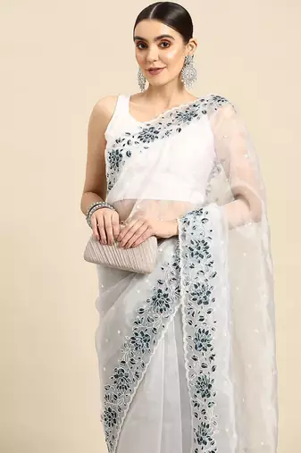 Grey grey & white floral organza saree