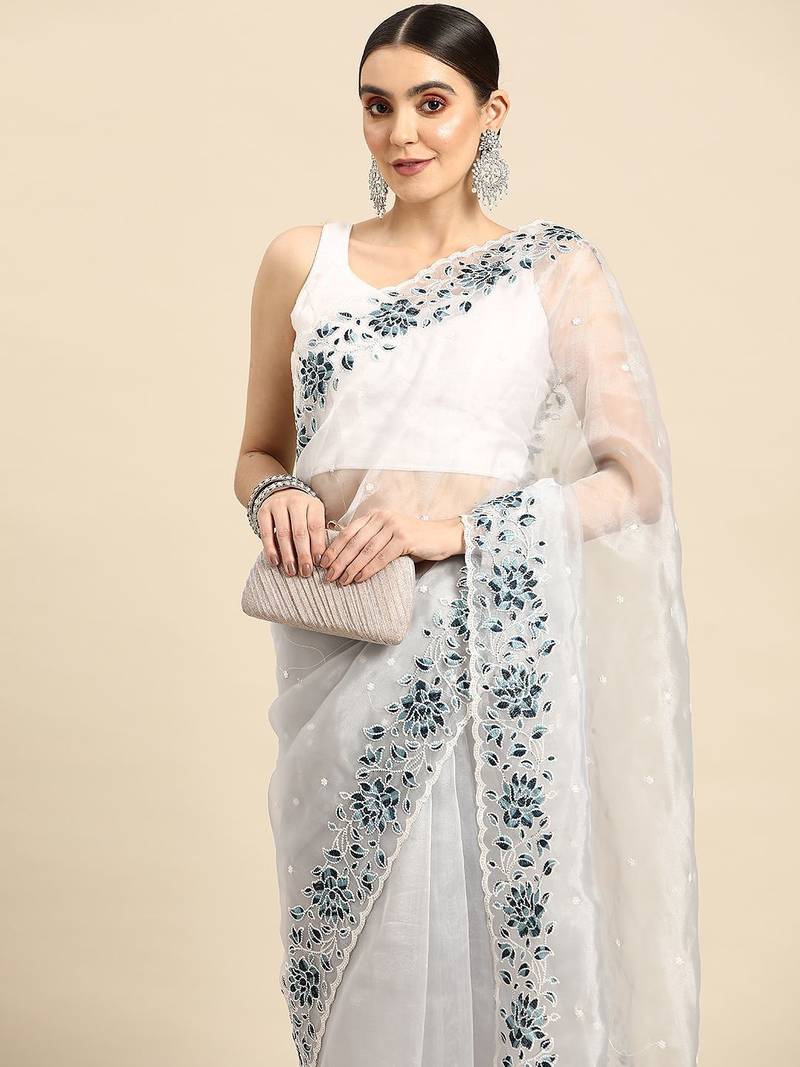 Grey grey & white floral organza saree