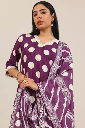 polka dot printed v-neck straight kurta with trouser & dupatta
