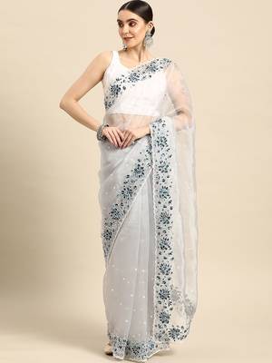 Grey grey & white floral organza saree 2