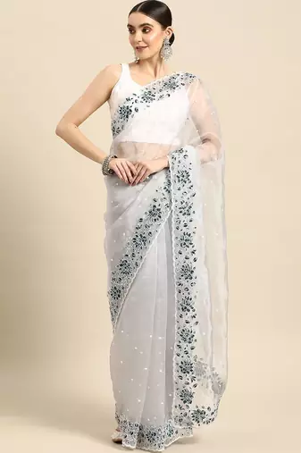 Grey grey & white floral organza saree
