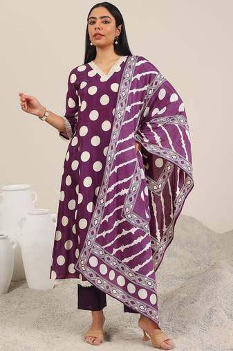 polka dot printed v-neck straight kurta with trouser & dupatta