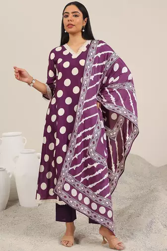 polka dot printed v-neck straight kurta with trouser & dupatta