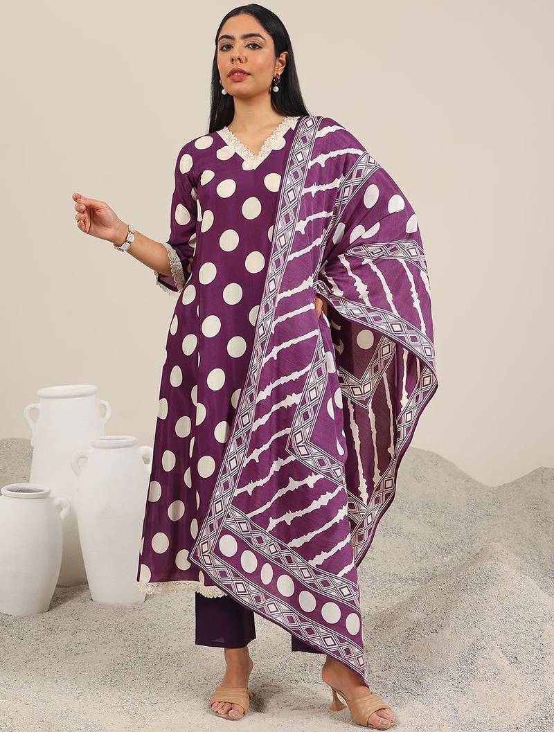 polka dot printed v-neck straight kurta with trouser & dupatta