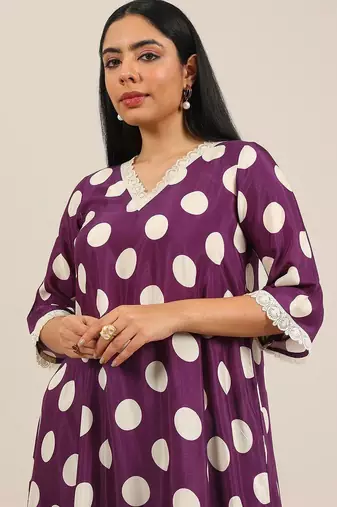 polka dot printed v-neck straight kurta with trouser & dupatta