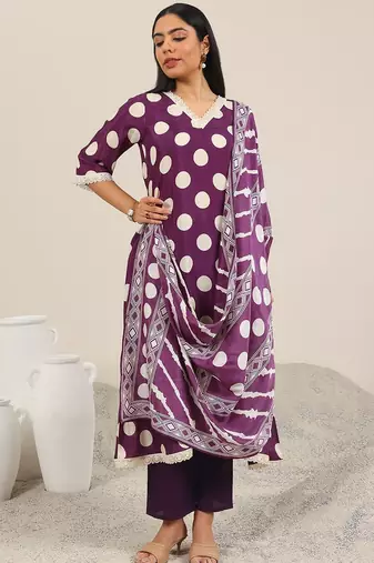 polka dot printed v-neck straight kurta with trouser & dupatta