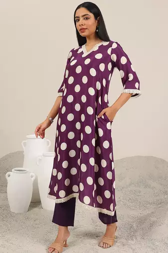 polka dot printed v-neck straight kurta with trouser & dupatta