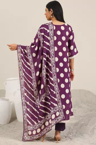 polka dot printed v-neck straight kurta with trouser & dupatta