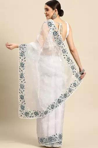 Grey grey & white floral organza saree