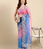 Pink embroidered organza bandhani saree with blouse piece