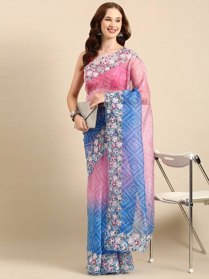 Pink embroidered organza bandhani saree with blouse piece