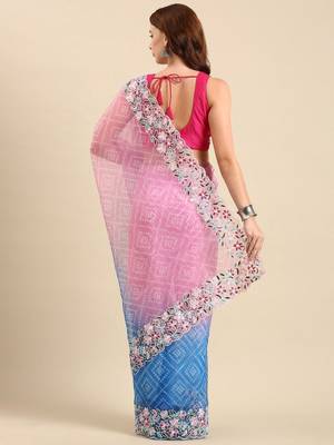 Pink embroidered organza bandhani saree with blouse piece 2