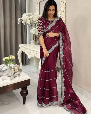 Burgundy women embellished embroidered saree 1