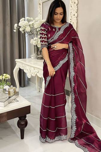 Burgundy women embellished embroidered saree