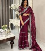Burgundy women embellished embroidered saree