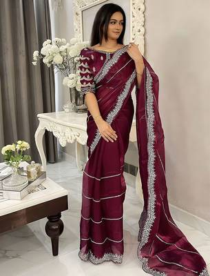 Burgundy women embellished embroidered saree 2