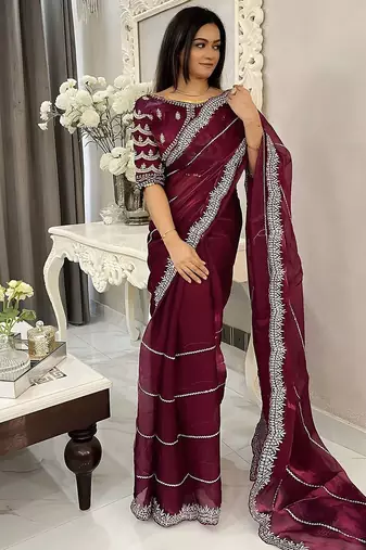 Burgundy women embellished embroidered saree
