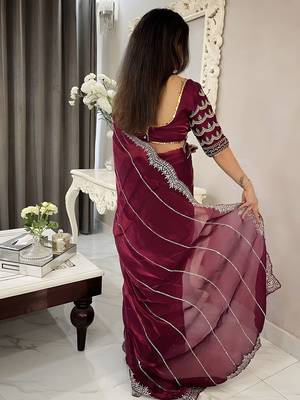 Burgundy women embellished embroidered saree 3