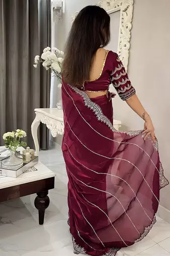 Burgundy women embellished embroidered saree