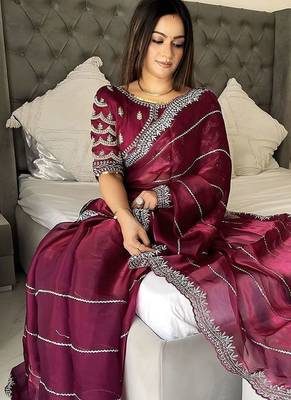 Burgundy women embellished embroidered saree 4