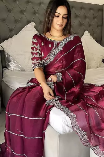 Burgundy women embellished embroidered saree