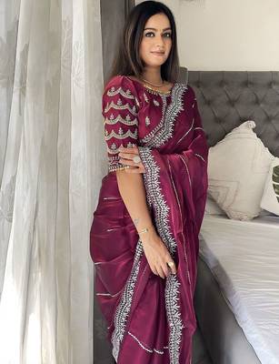 Burgundy women embellished embroidered saree 5