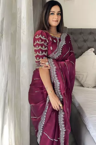 Burgundy women embellished embroidered saree