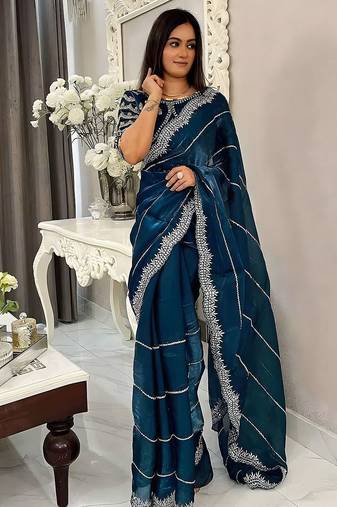 Teal women embellished embroidered saree