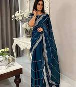 Teal women embellished embroidered saree