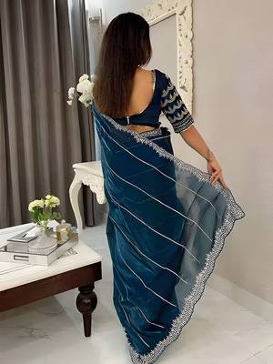 Teal women embellished embroidered saree 2