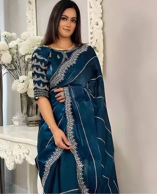 Teal women embellished embroidered saree 3