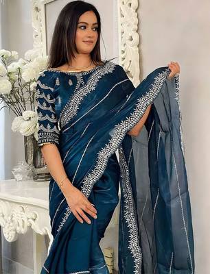 Teal women embellished embroidered saree 4